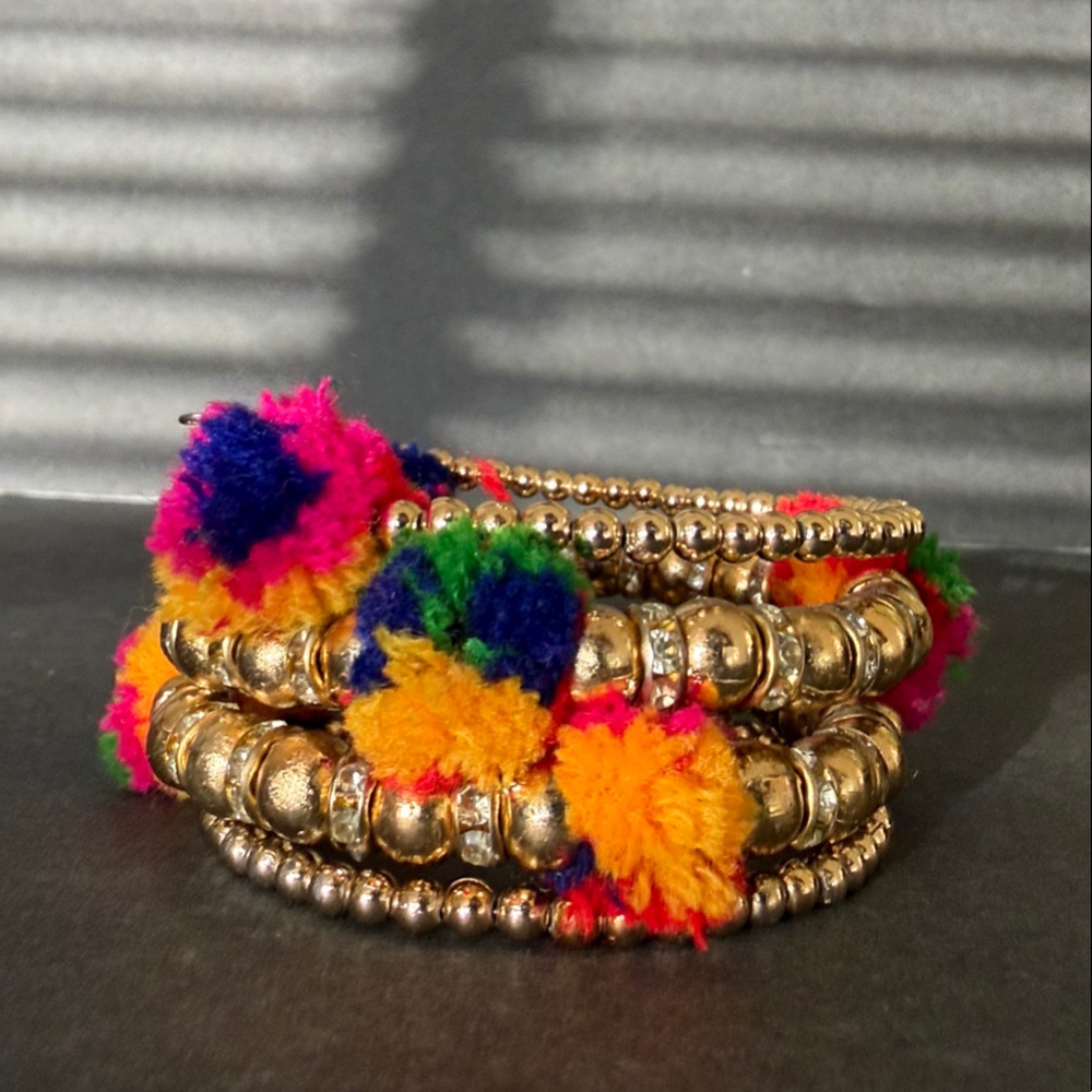 Colorful Pom Pom Gold Beaded Bracelet Set, Stretchable, Women Bracelet